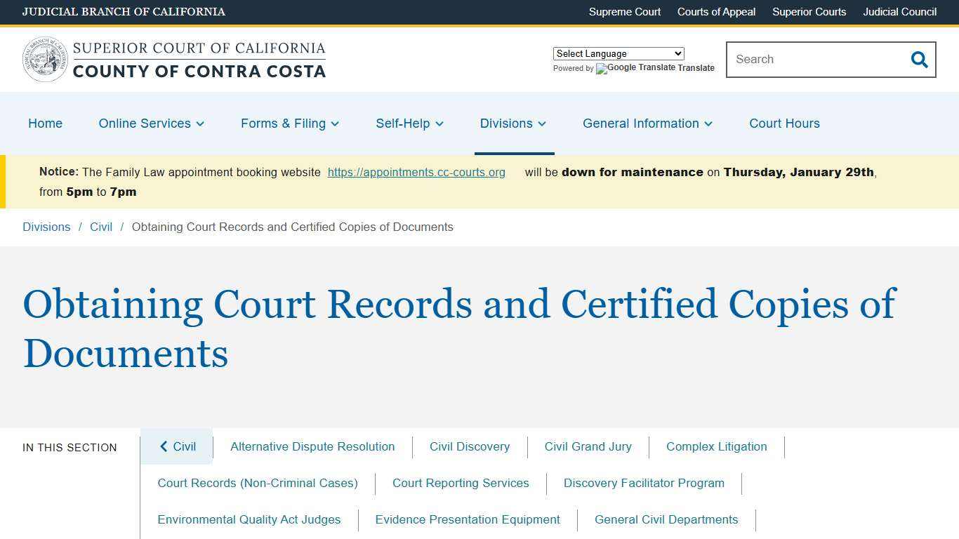 Obtaining Court Records and Certified Copies of Documents Superior Court of California County of Contra Costa